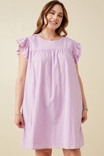 HK1375W LAVENDER Plus Textured Lace Trim Ruffle Sleeve Top Front